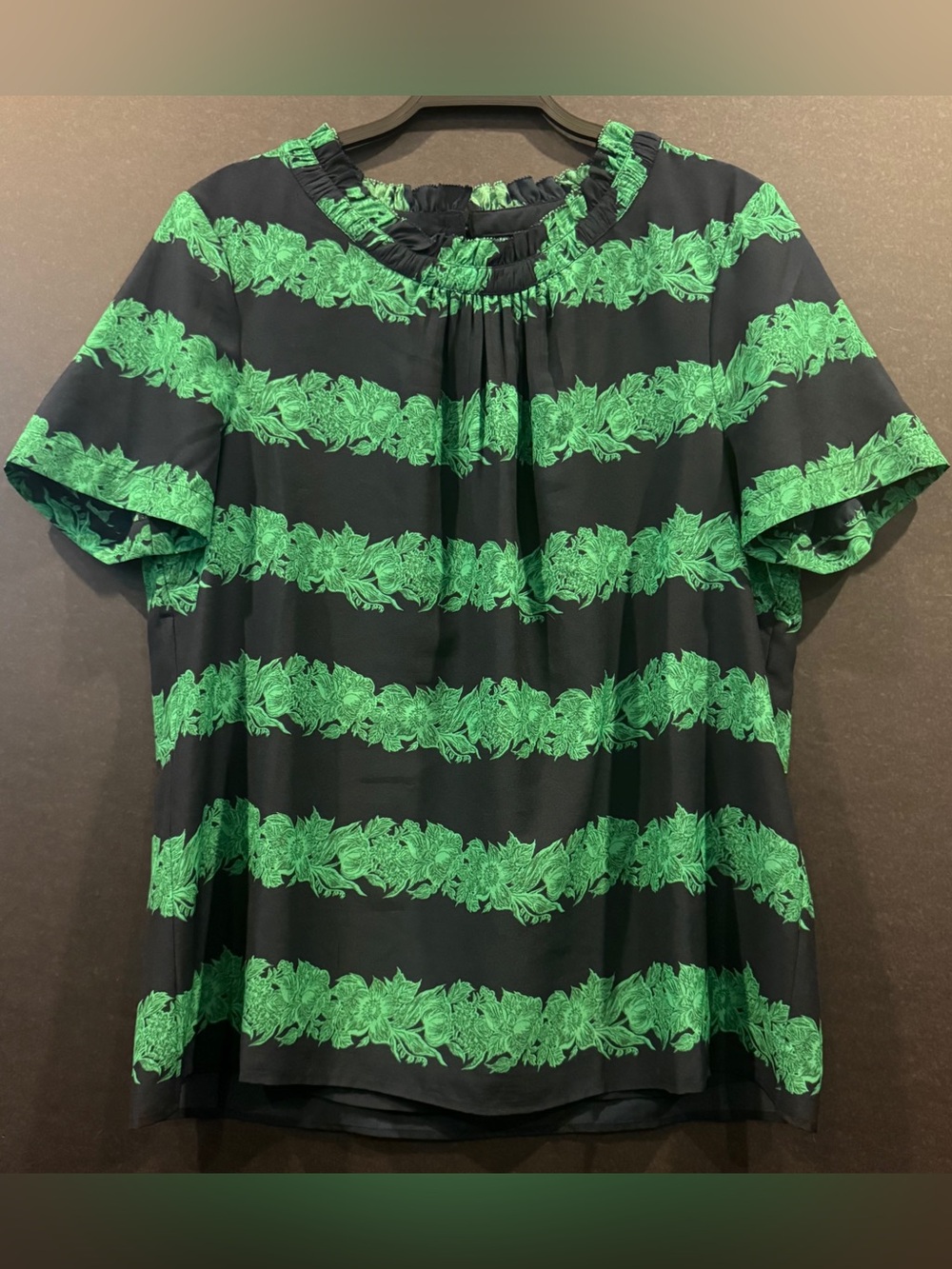 J.Crew Navy Blue & Emerald Green Floral Striped Ruffled Collar Blouse 14